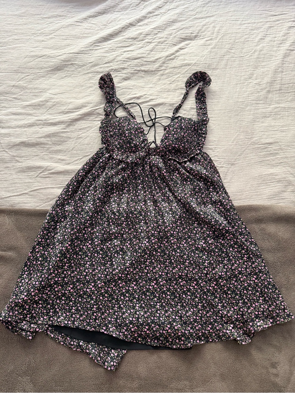 For Love & Lemons Black Mini Dress with Pink Floral Print
